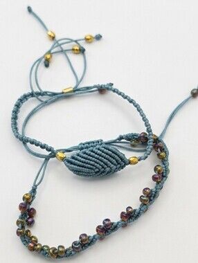 Handwoven Teal Macramé Bracelet Trio with Gold Accents